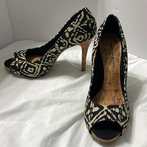 Christian Siriano Black and Cream Open Toe Cork High Stilleto Heels Shoes Sz 9.5